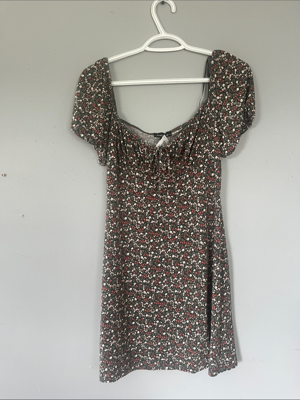 Lovely Day Green Floral Square-Neck Puff Sleeve Mini Dress Large